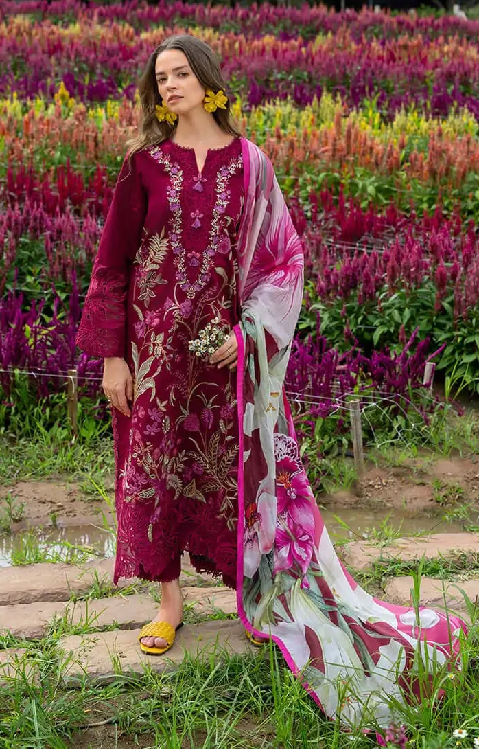 3 Piece Unstitched Heavy Embroidered Chickan Kari Lawn Suit with Fine Printed Silk Dupatta