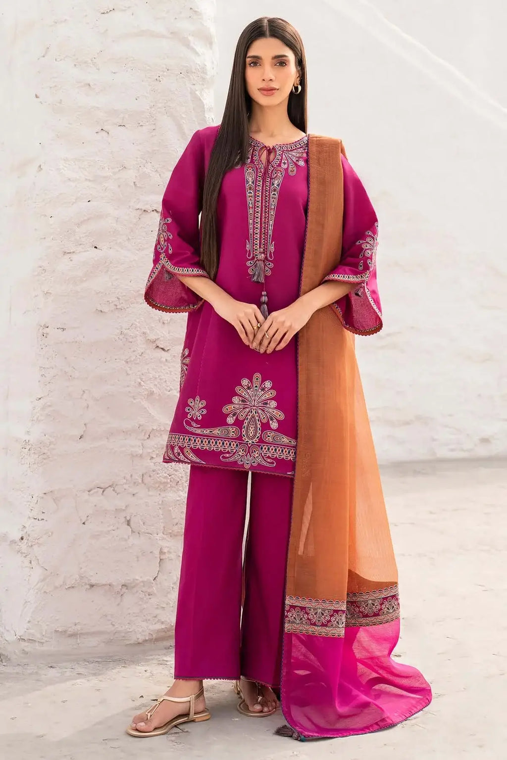 3 Piece Unstitched Heavy Embroidered Lawn Suit with Four-sided Printed Embroidered Chiffon Dupatta