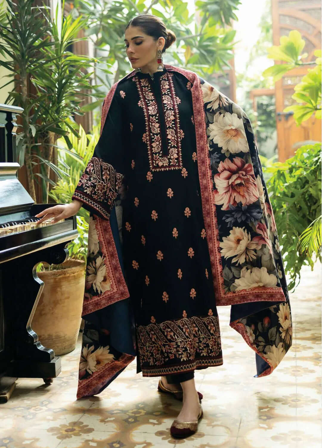 3 Piece Unstitched Heavy Embroidered Dhanak Suit with Printed Woolen Shawl