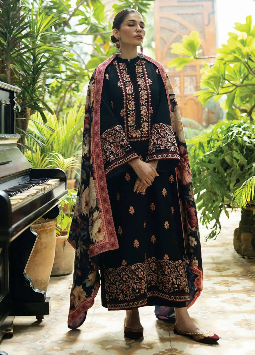 3 Piece Unstitched Heavy Embroidered Dhanak Suit with Printed Woolen Shawl