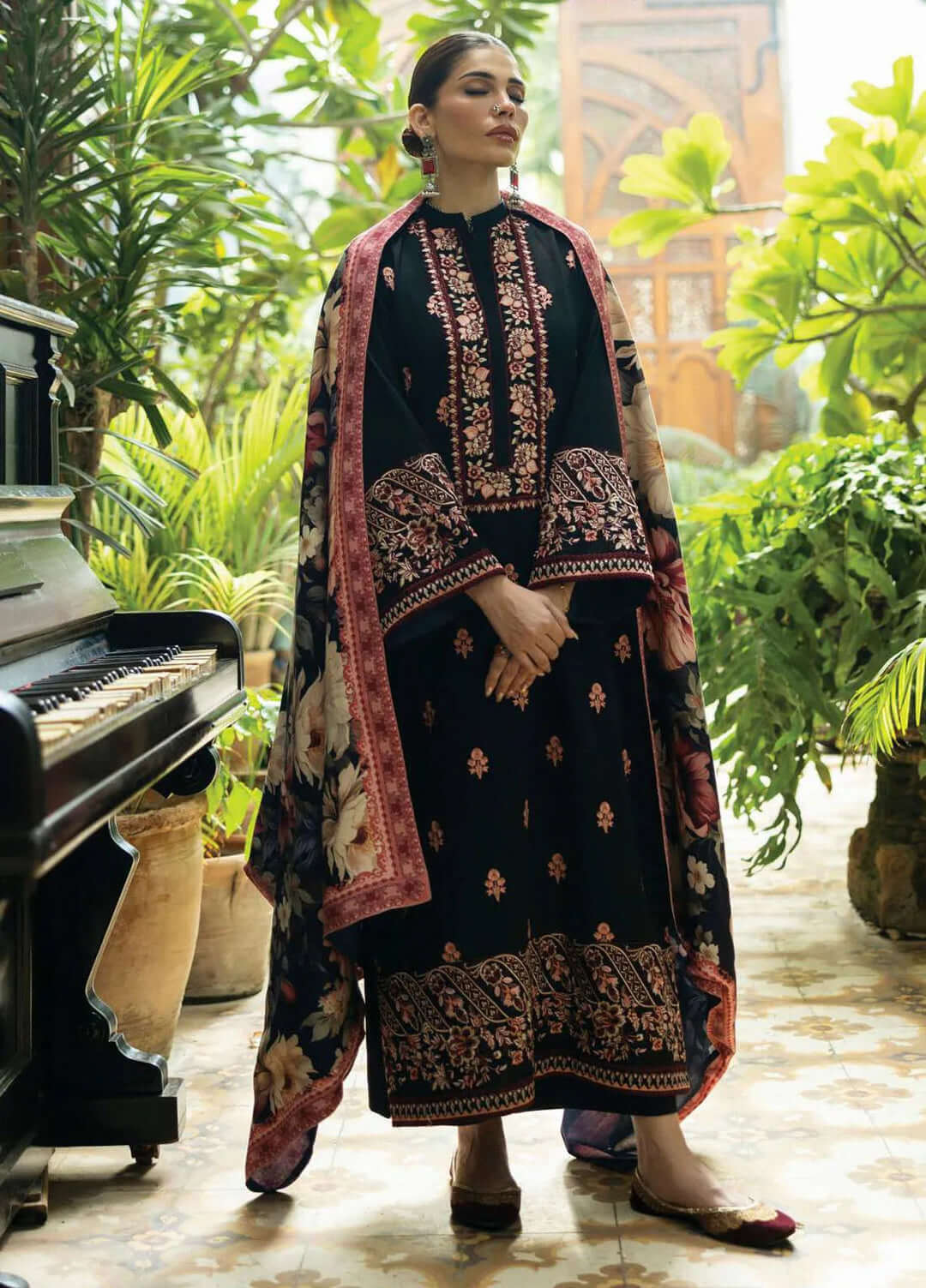 3 Piece Unstitched Heavy Embroidered Dhanak Suit with Printed Woolen Shawl