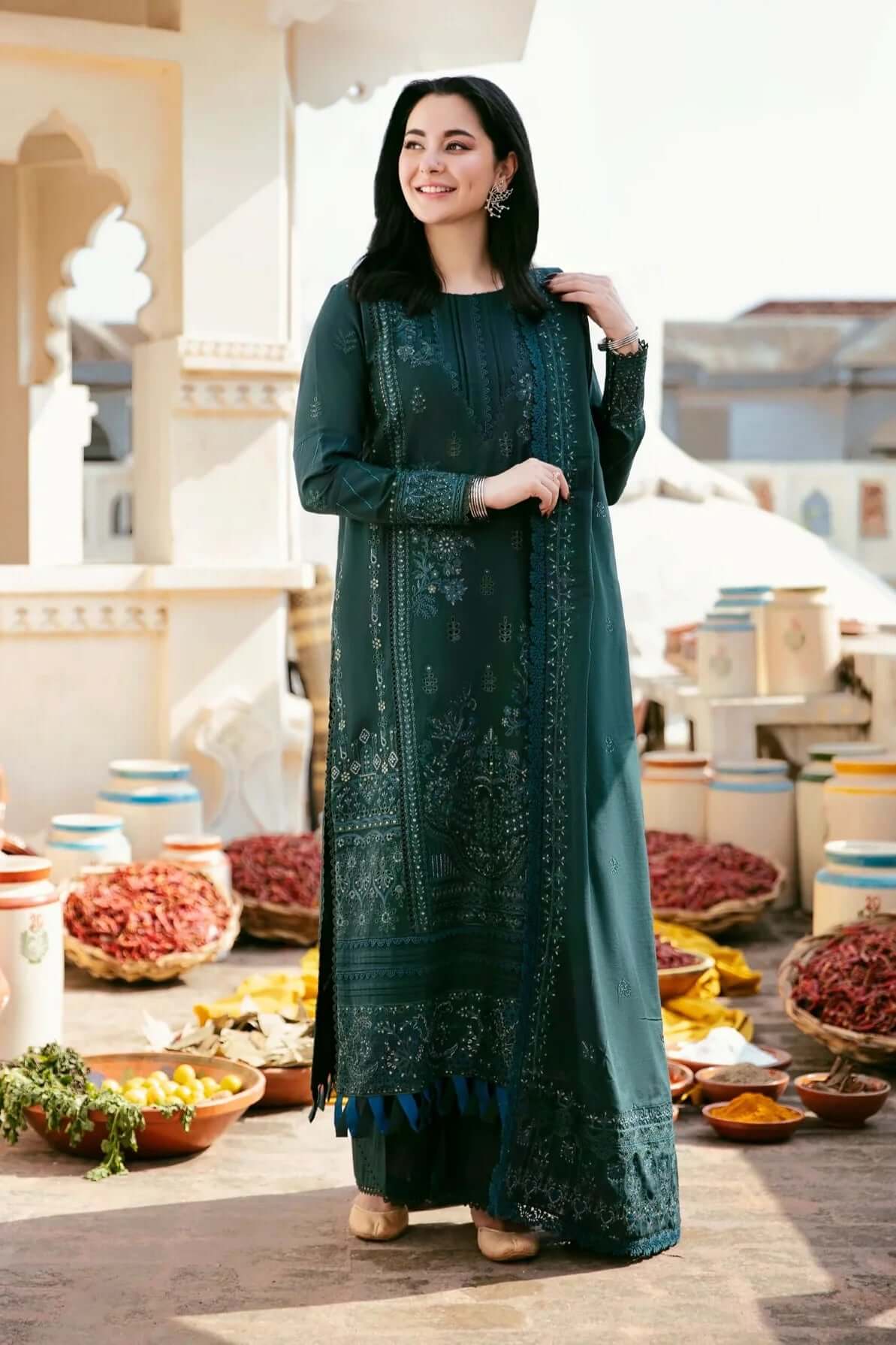 3 Piece Unstitched Heavy Embroidered Dhanak Suit with Four-sided Embroidered Dhanak Shawl