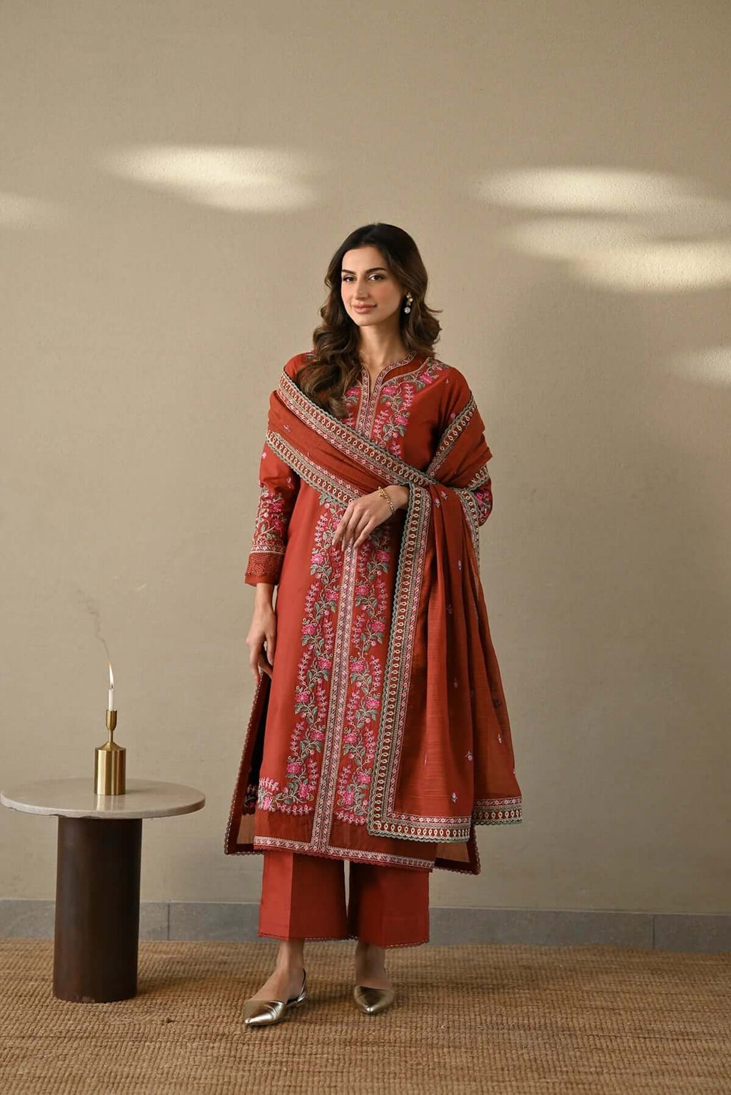 3 Piece Unstitched Heavy Embroidered Dhanak Suit with Four-sided Embroidered Dhanak Shawl