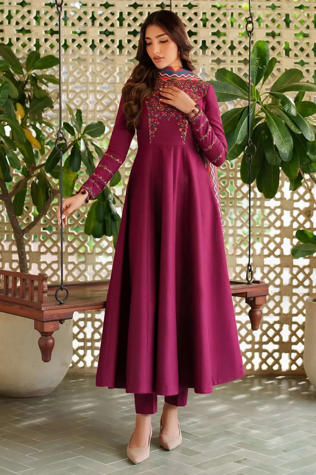 3 Piece Unstitched Heavy Embroidered Dhanak Suit with Printed Woolen Shawl