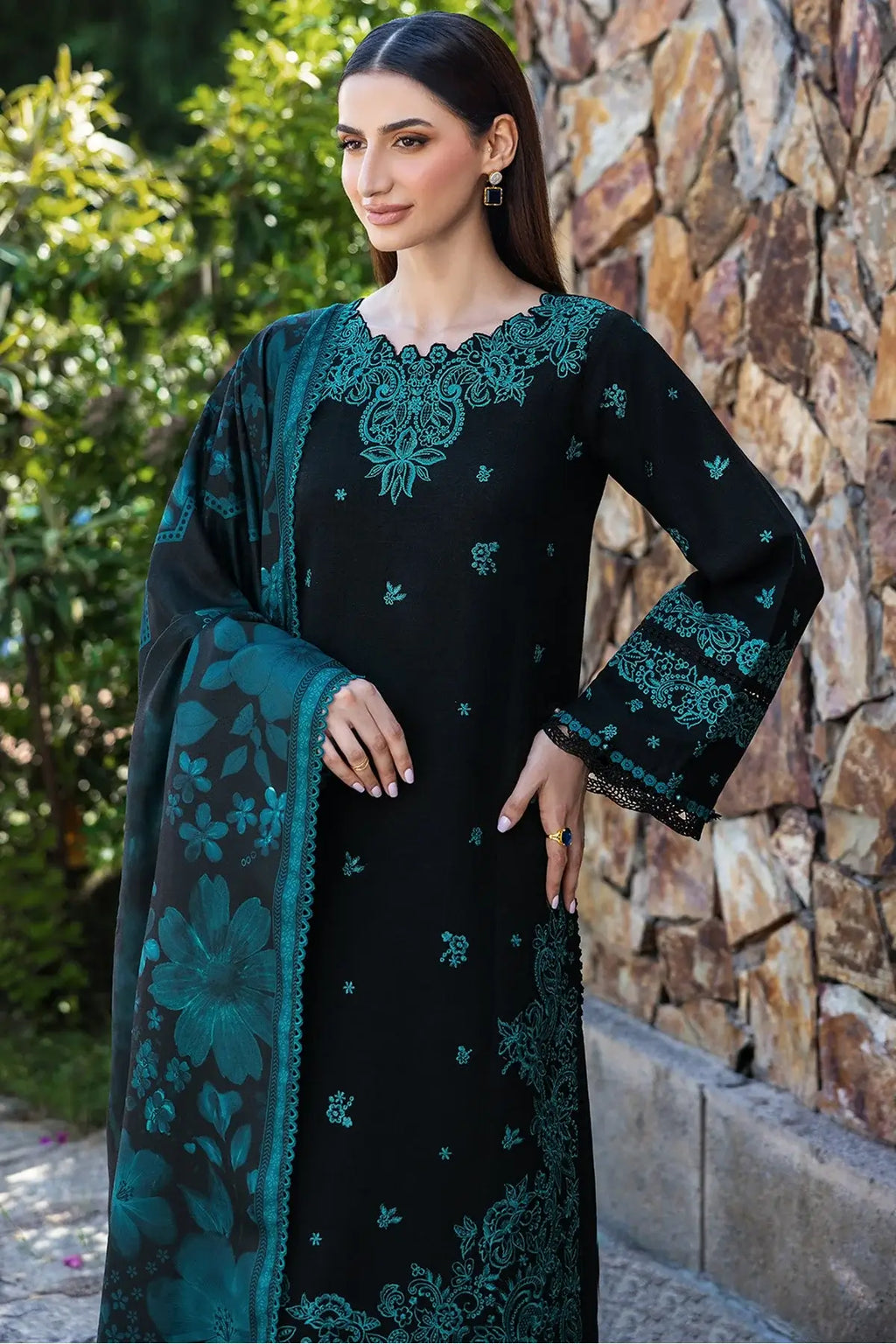 3 Piece Unstitched Heavy Embroidered Dhanak Suit with Printed Woolen Shawl