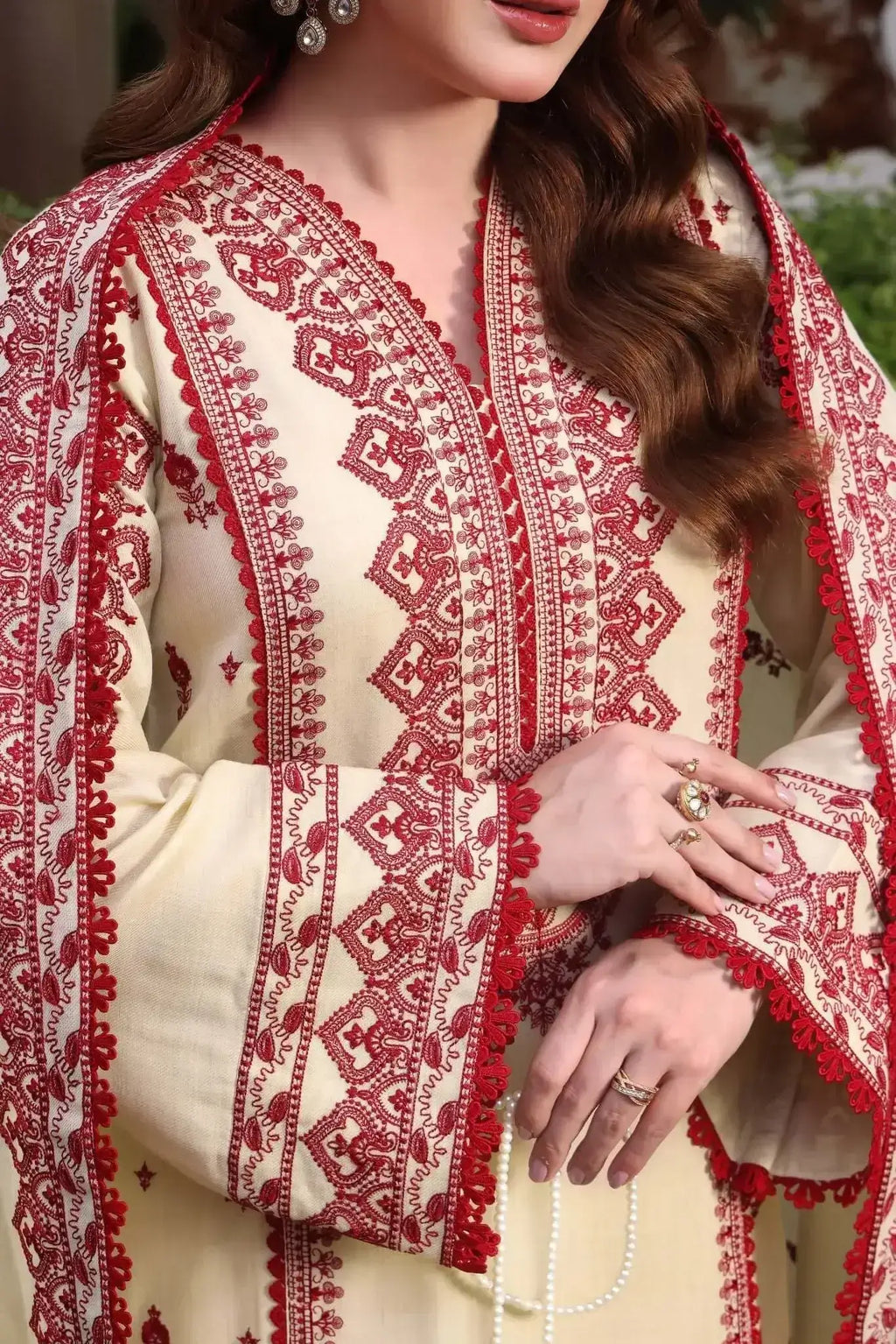 3 Piece Unstitched Heavy Embroidered Dhanak Suit with Embroidered Dhanak Wool Shawl