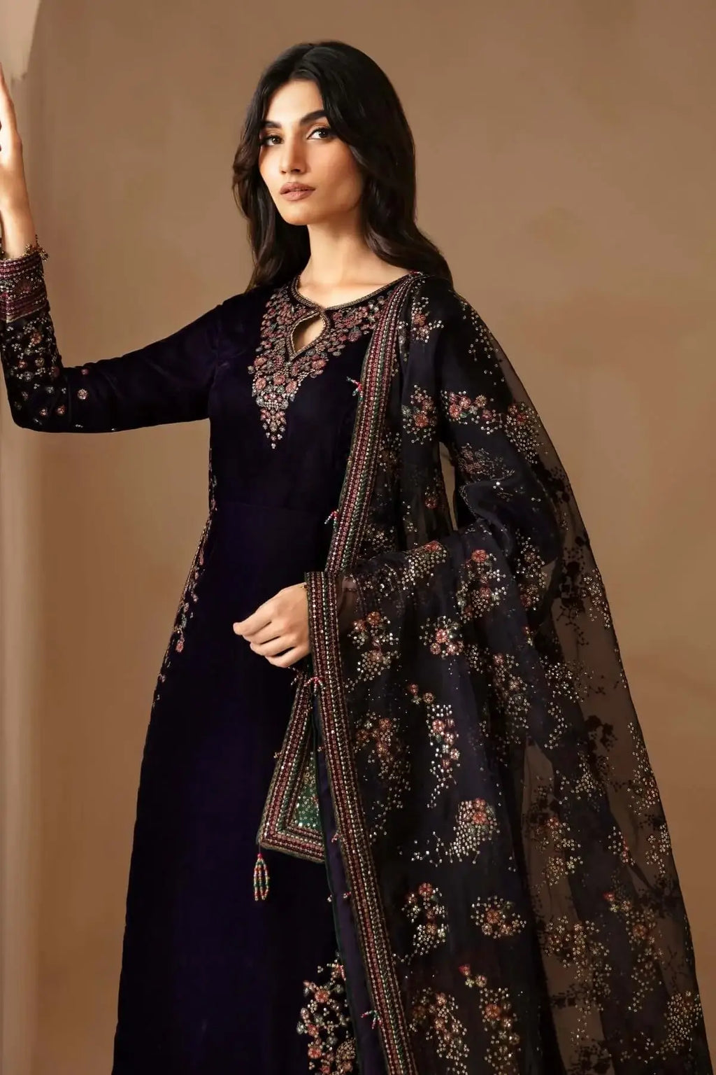 3 Piece Unstitched Heavy Embroidered Velvet Suit with Heavy Embroidered Organza Dupatta