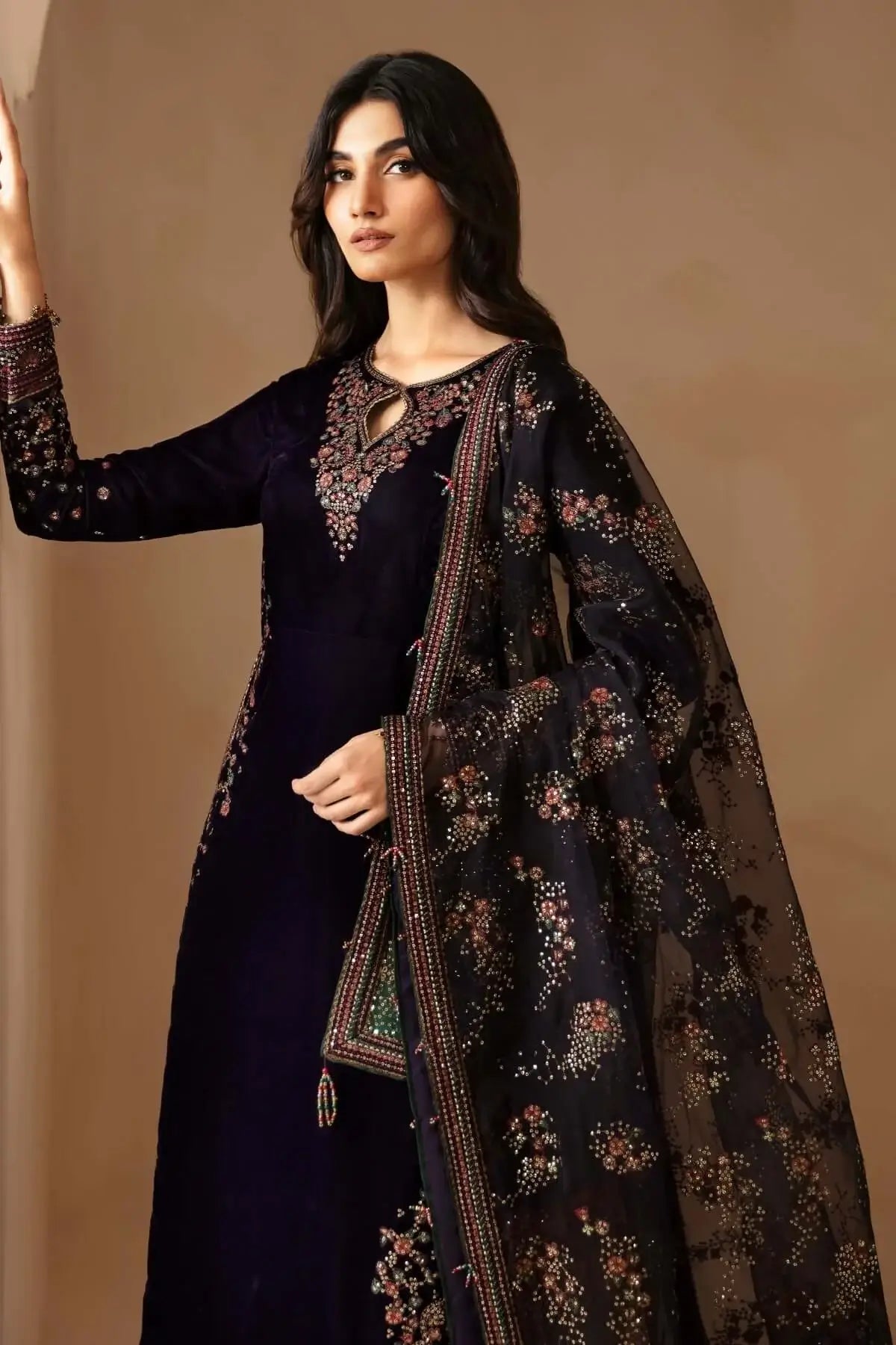 3 Piece Unstitched Heavy Embroidered Velvet Suit with Heavy Embroidered Organza Dupatta