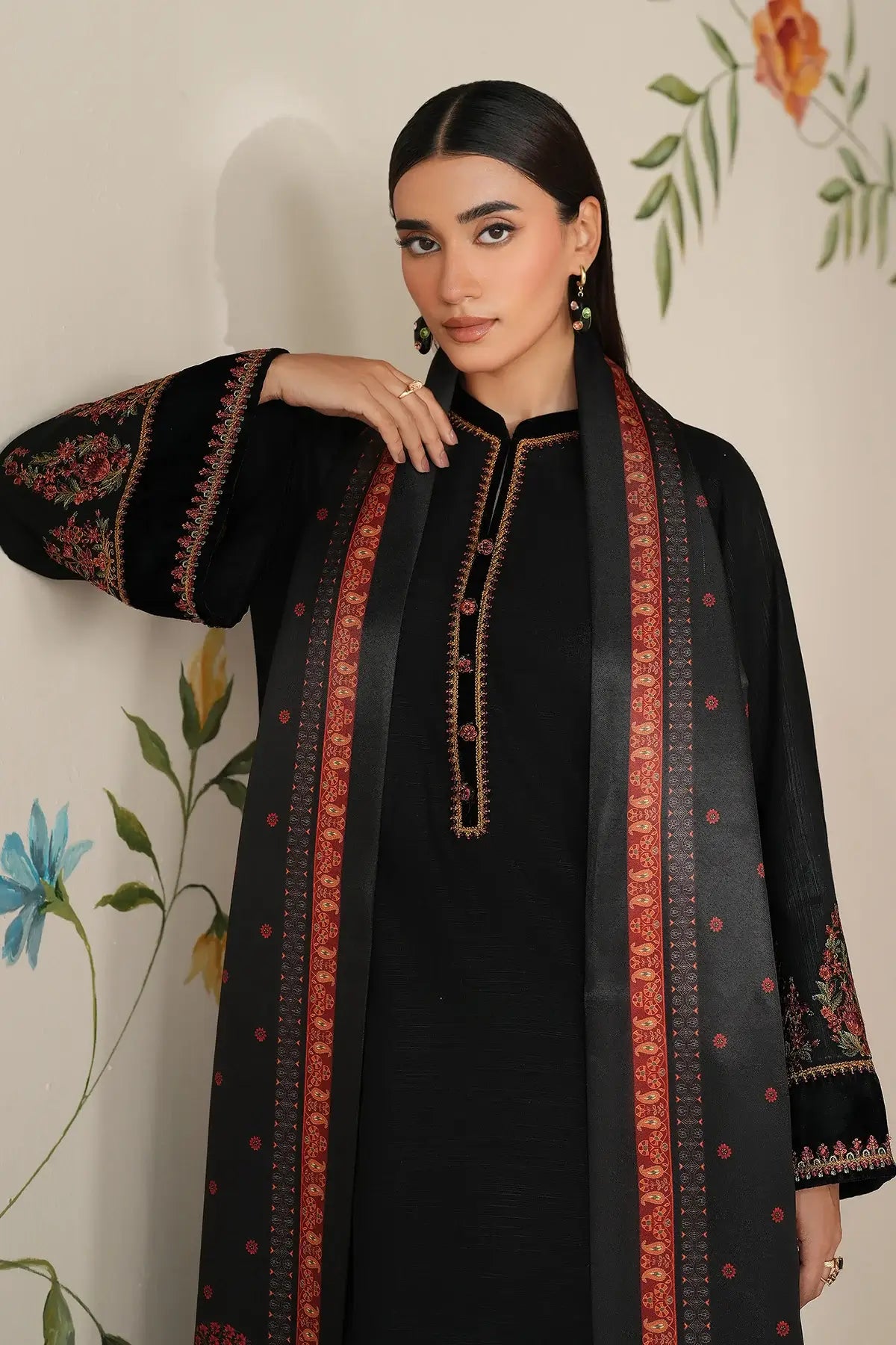 3 Piece Unstitched Heavy Embroidered Dhanak Suit with Printed Woolen Shawl