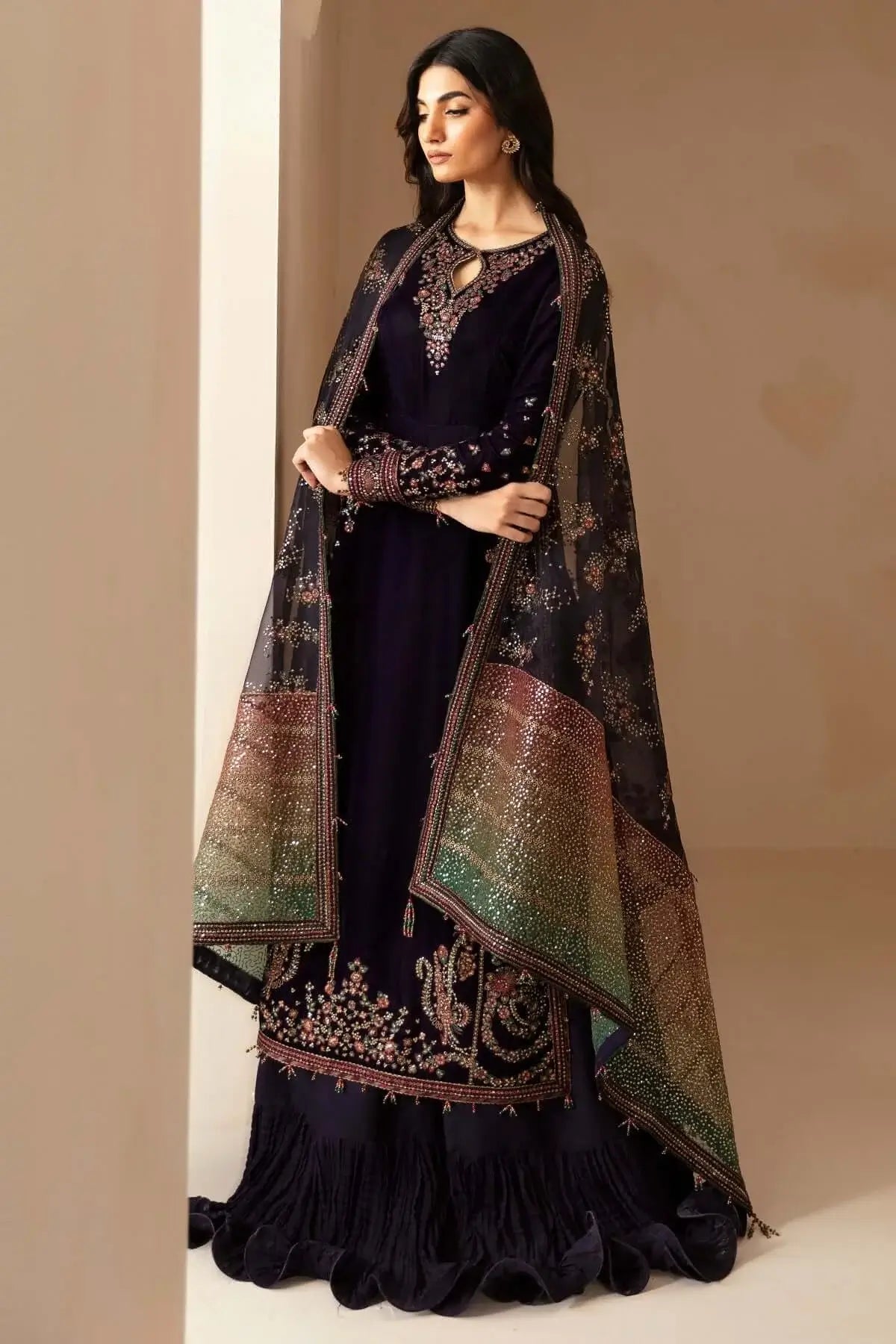 3 Piece Unstitched Heavy Embroidered Velvet Suit with Heavy Embroidered Organza Dupatta