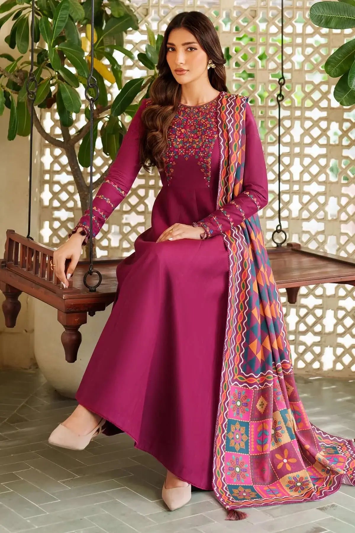 3 Piece Unstitched Heavy Embroidered Dhanak Suit with Printed Woolen Shawl