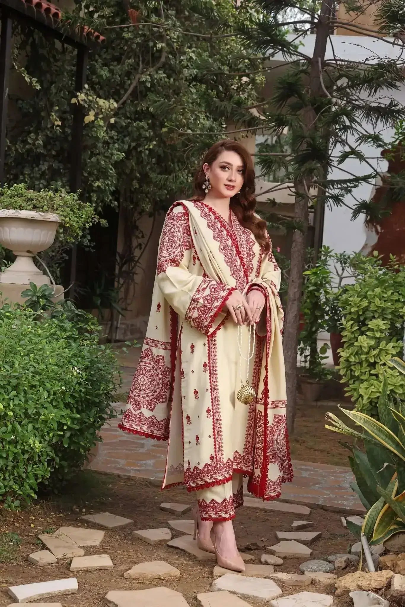 3 Piece Unstitched Heavy Embroidered Dhanak Suit with Embroidered Dhanak Wool Shawl