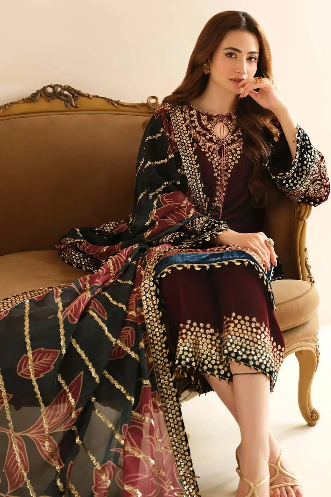 3 Piece Unstitched Heavy Embroidered Velvet Suit with Heavy Embroidered Organza Dupatta