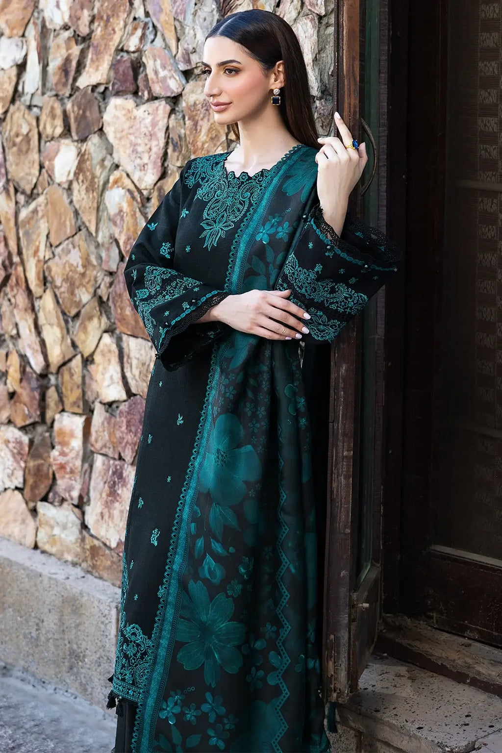 3 Piece Unstitched Heavy Embroidered Dhanak Suit with Printed Woolen Shawl