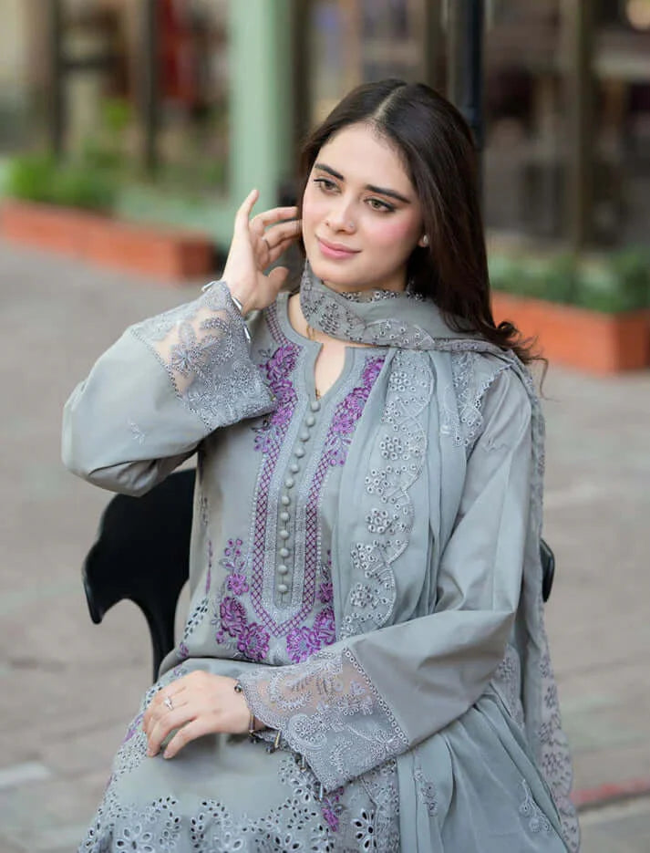 3 Piece Unstitched Heavy Embroidered Dhanak Suit with Embroidered Dhanak Wool Shawl