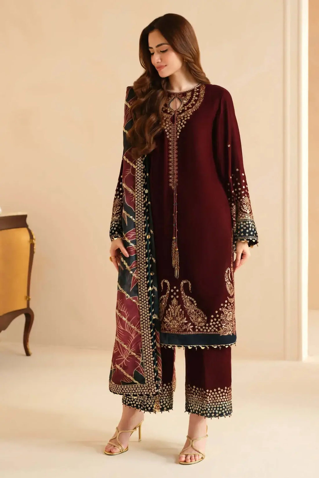 3 Piece Unstitched Heavy Embroidered Velvet Suit with Heavy Embroidered Organza Dupatta