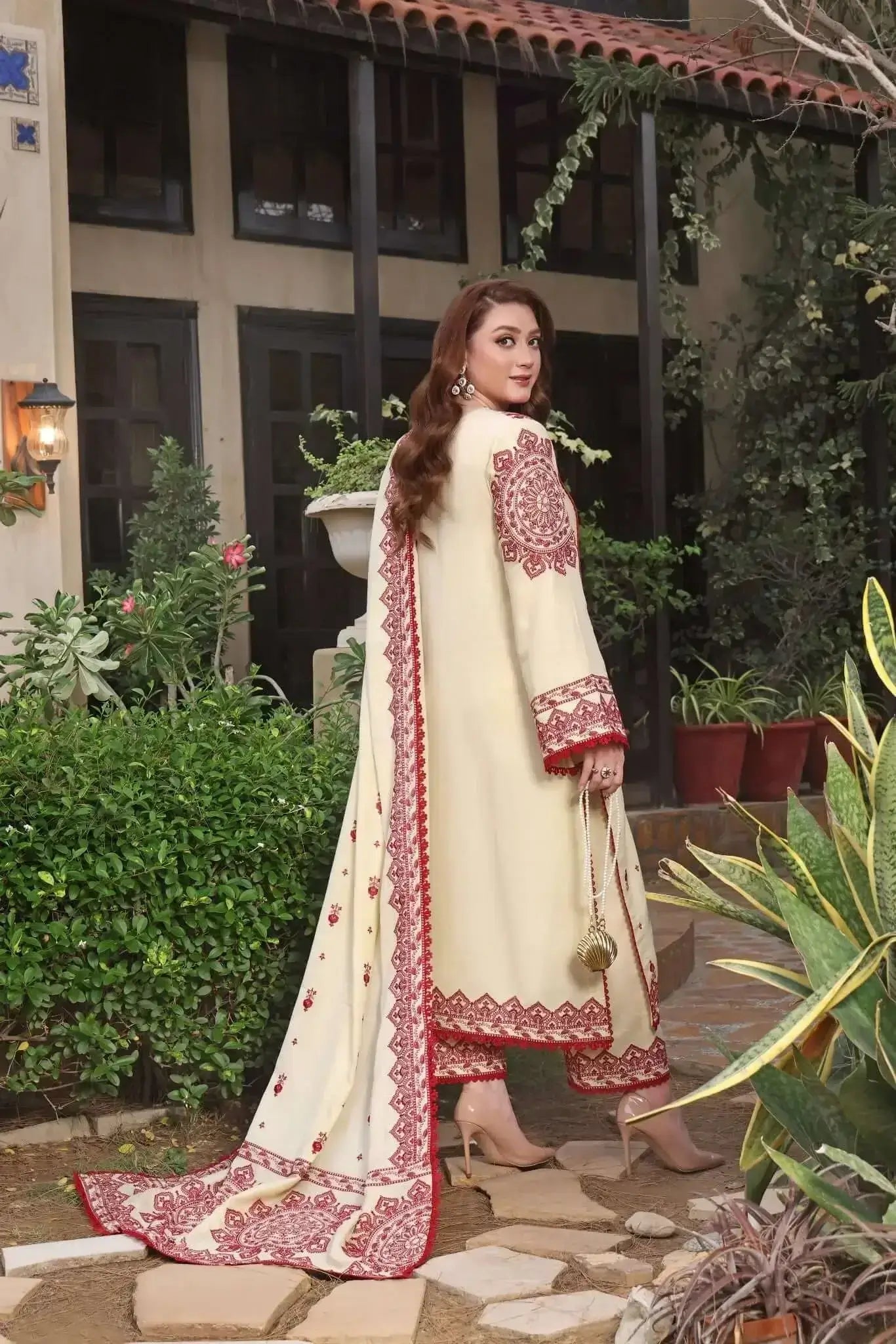 3 Piece Unstitched Heavy Embroidered Dhanak Suit with Embroidered Dhanak Wool Shawl