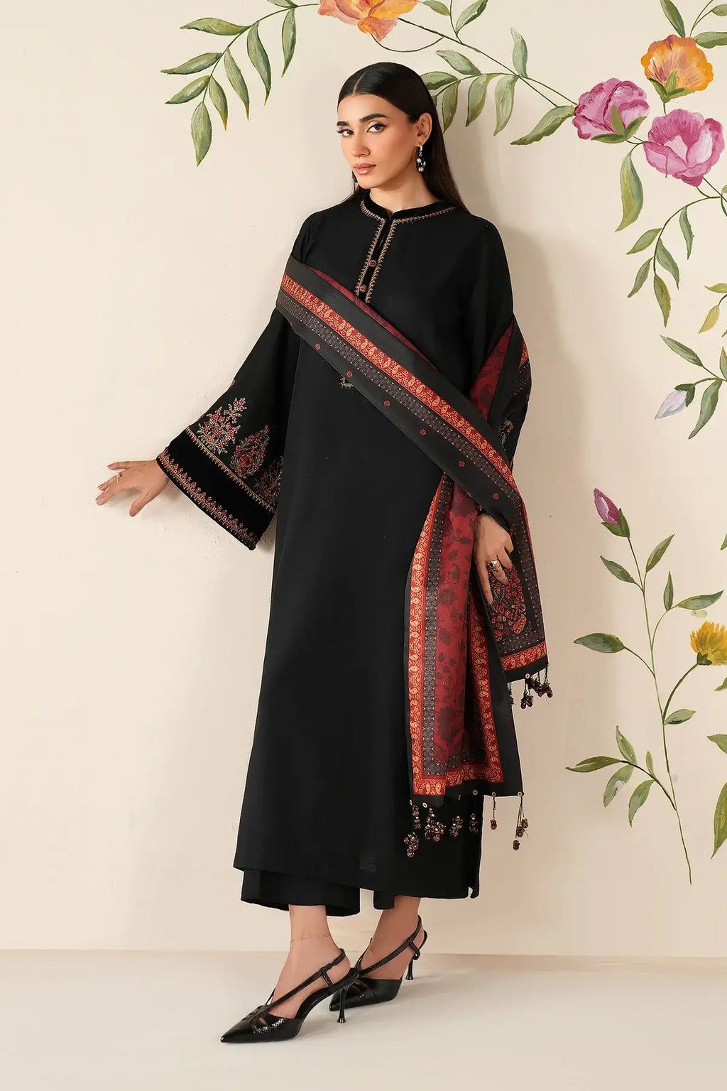 3 Piece Unstitched Heavy Embroidered Dhanak Suit with Printed Woolen Shawl