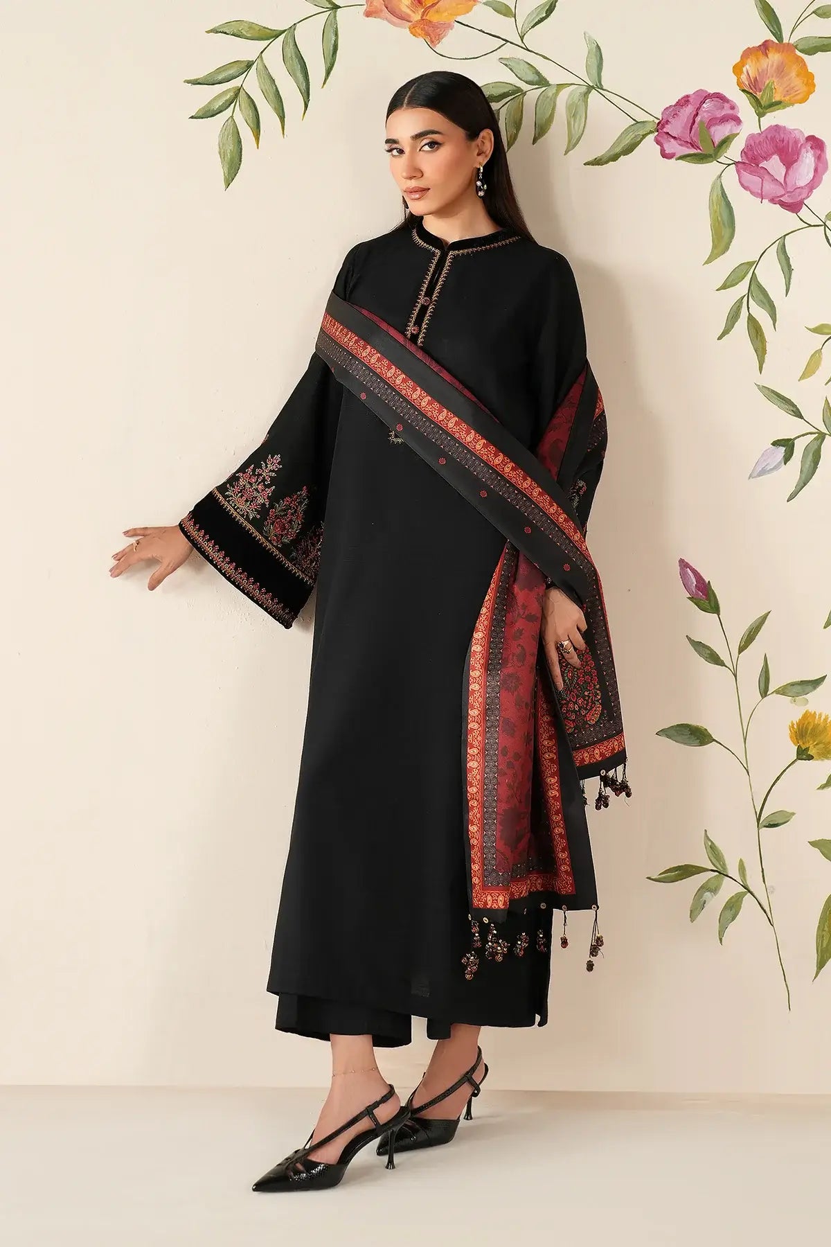 3 Piece Unstitched Heavy Embroidered Dhanak Suit with Printed Woolen Shawl