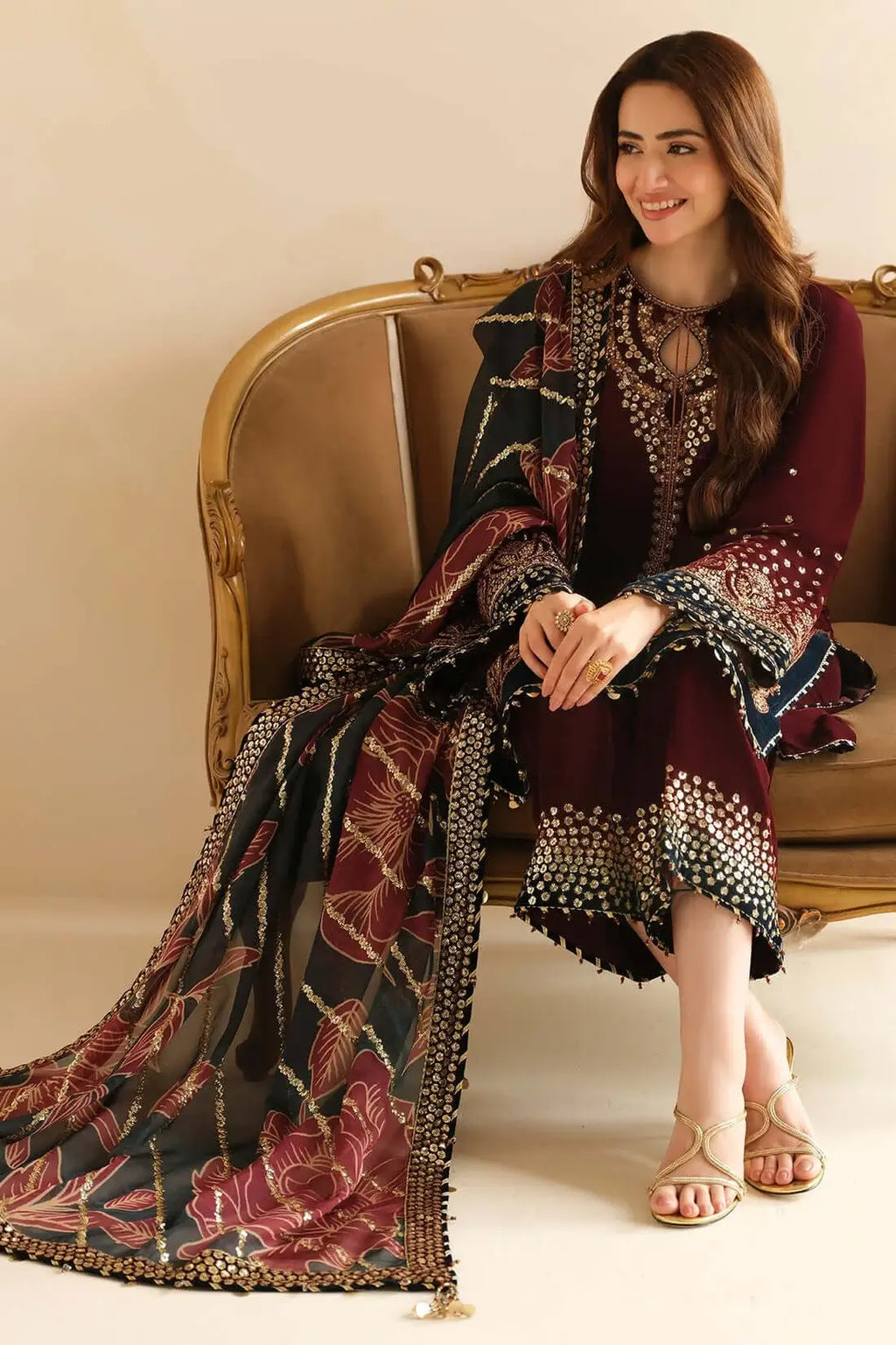 3 Piece Unstitched Heavy Embroidered Velvet Suit with Heavy Embroidered Organza Dupatta