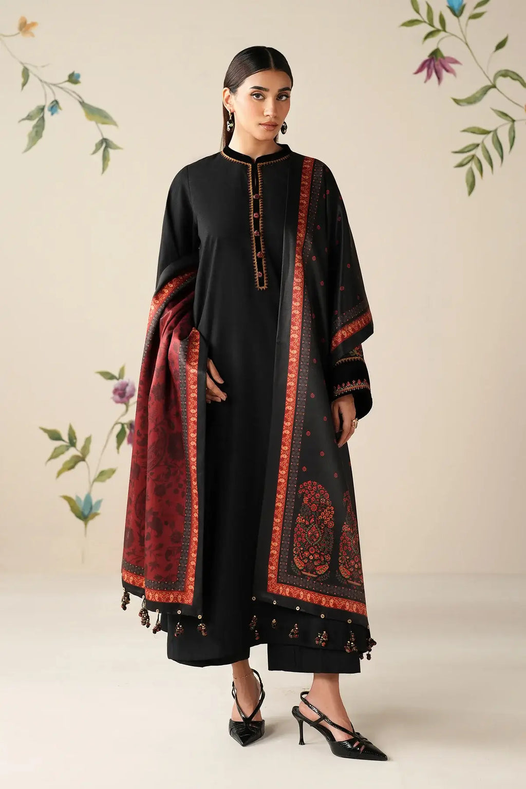 3 Piece Unstitched Heavy Embroidered Dhanak Suit with Printed Woolen Shawl