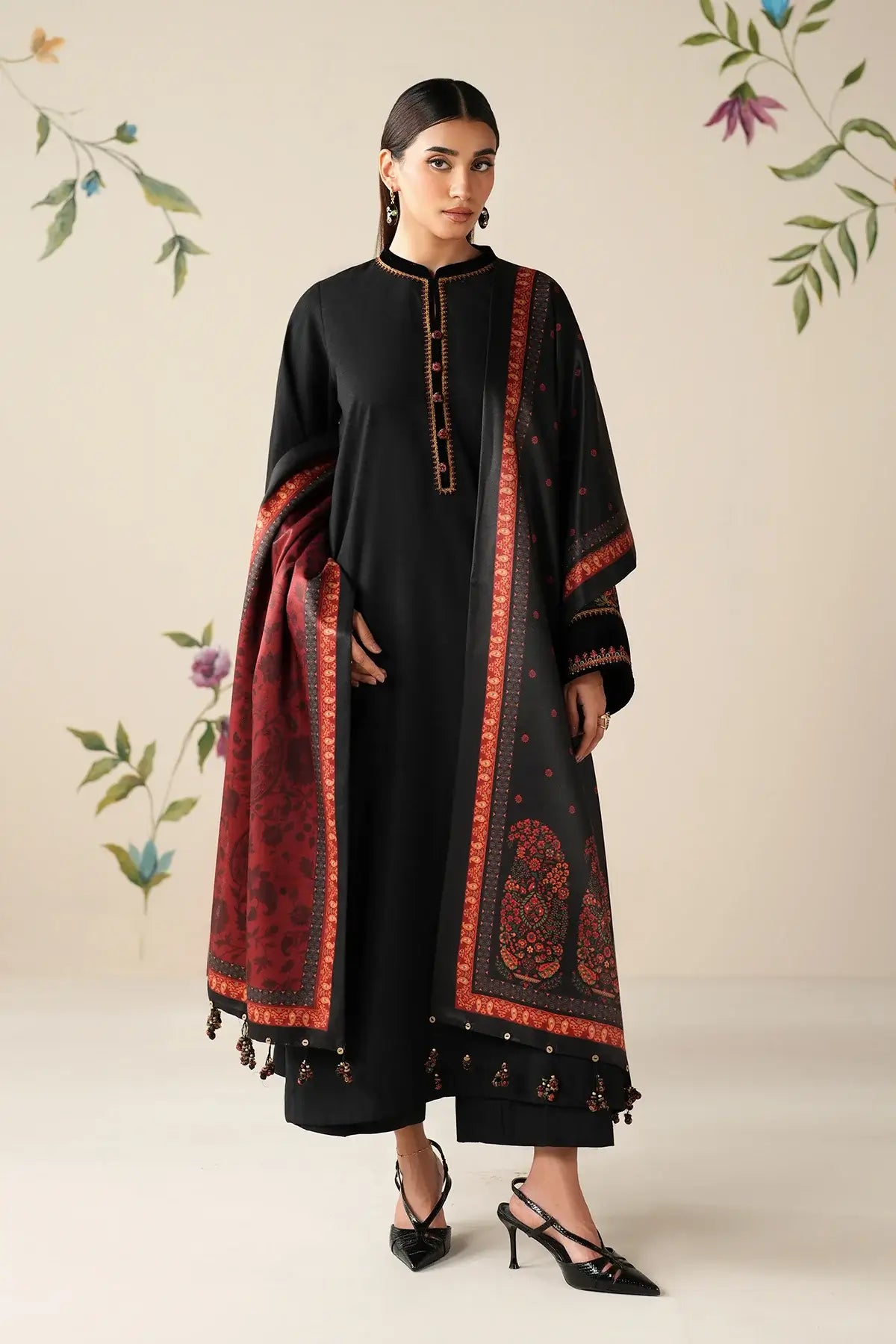 3 Piece Unstitched Heavy Embroidered Dhanak Suit with Printed Woolen Shawl