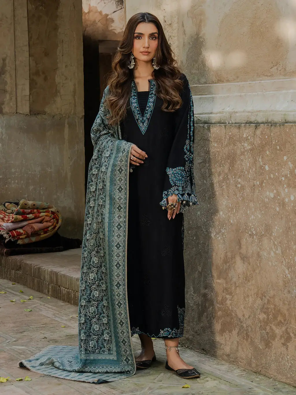3 Piece Unstitched Heavy Embroidered Dhanak Suit with Printed Woolen Shawl