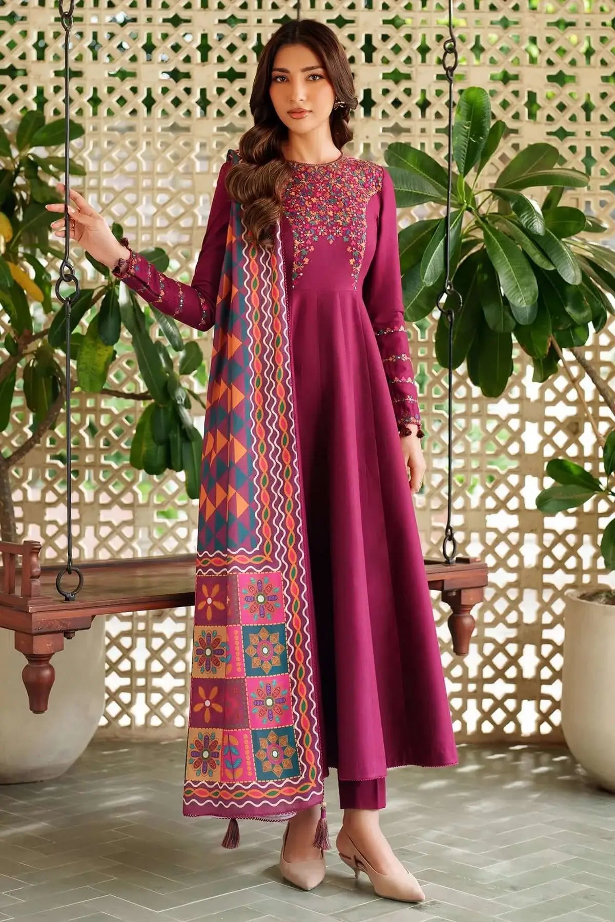 3 Piece Unstitched Heavy Embroidered Dhanak Suit with Printed Woolen Shawl
