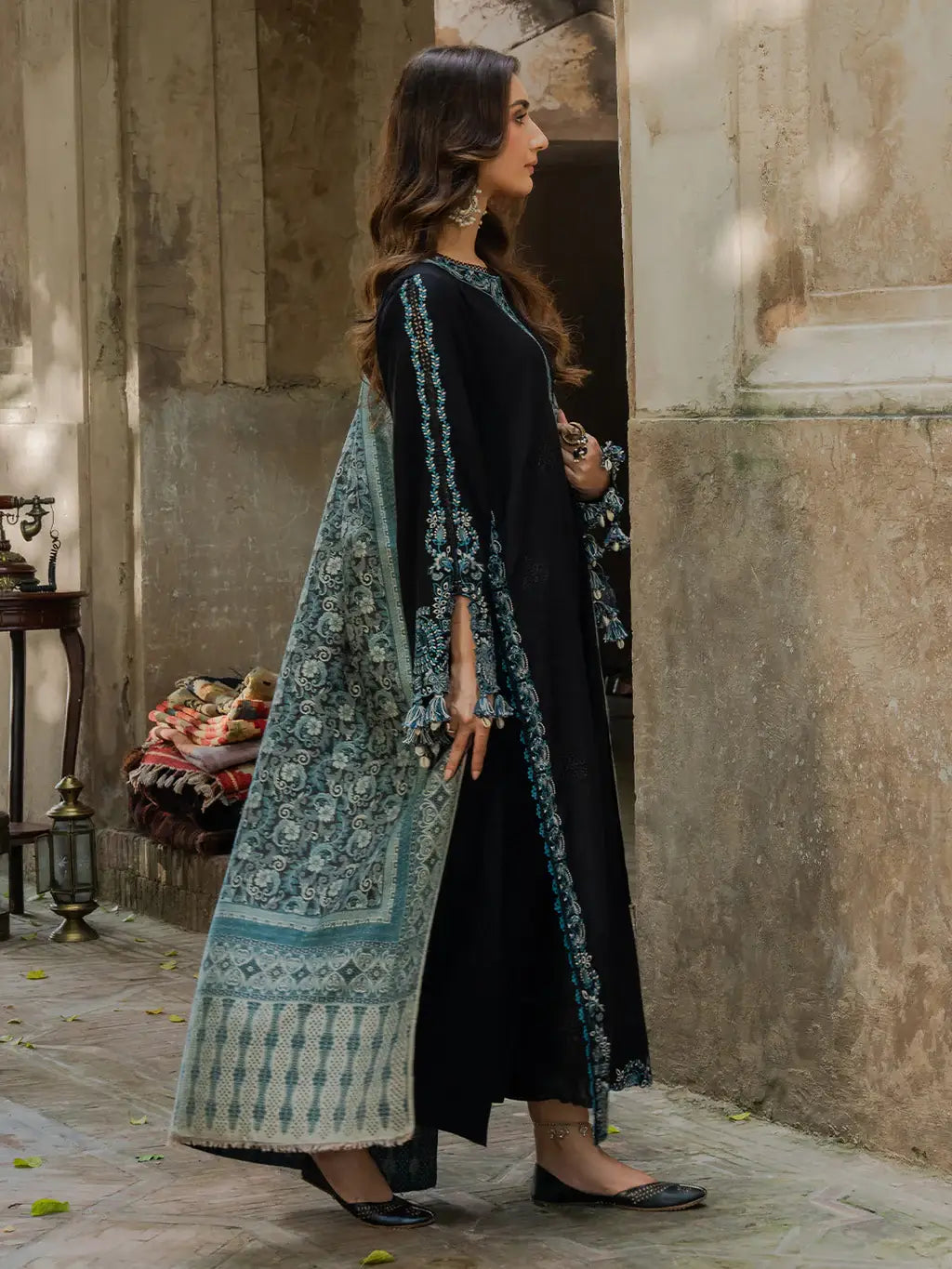 3 Piece Unstitched Heavy Embroidered Dhanak Suit with Printed Woolen Shawl