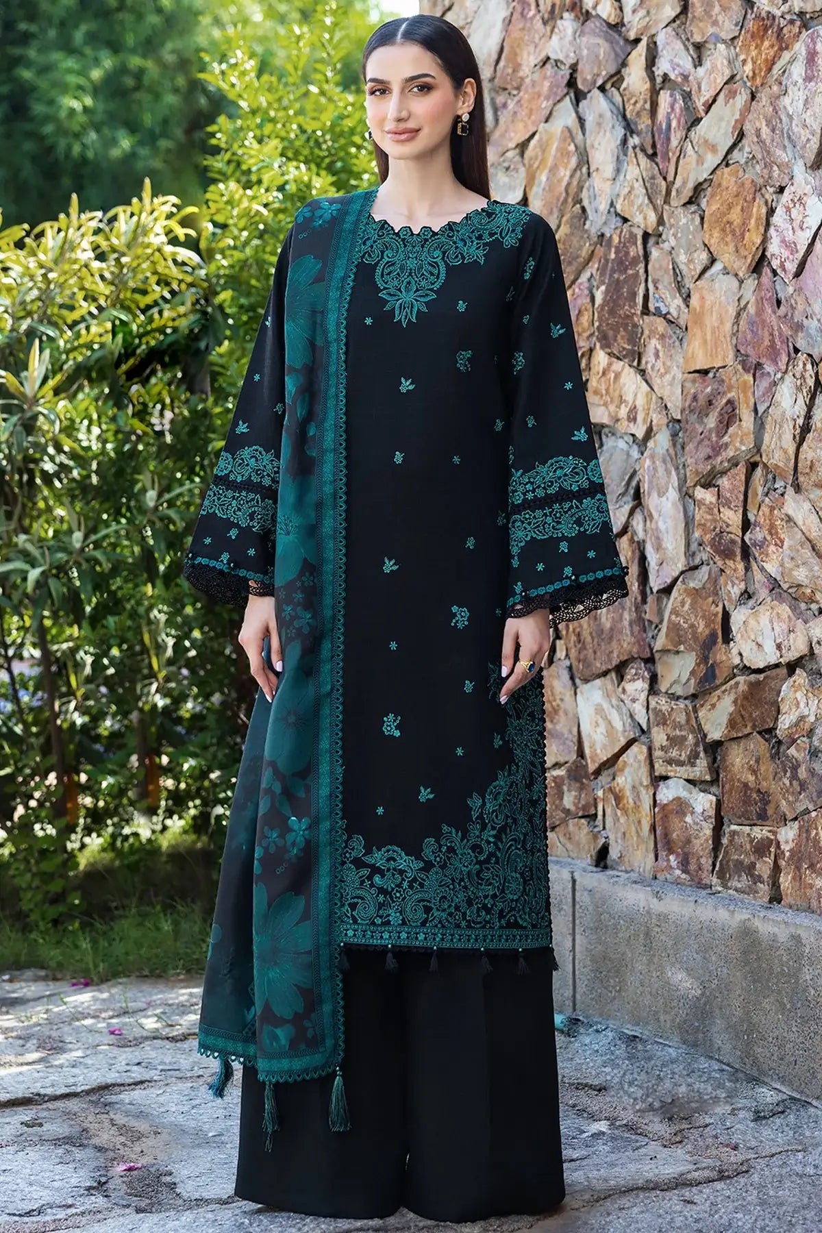 3 Piece Unstitched Heavy Embroidered Dhanak Suit with Printed Woolen Shawl