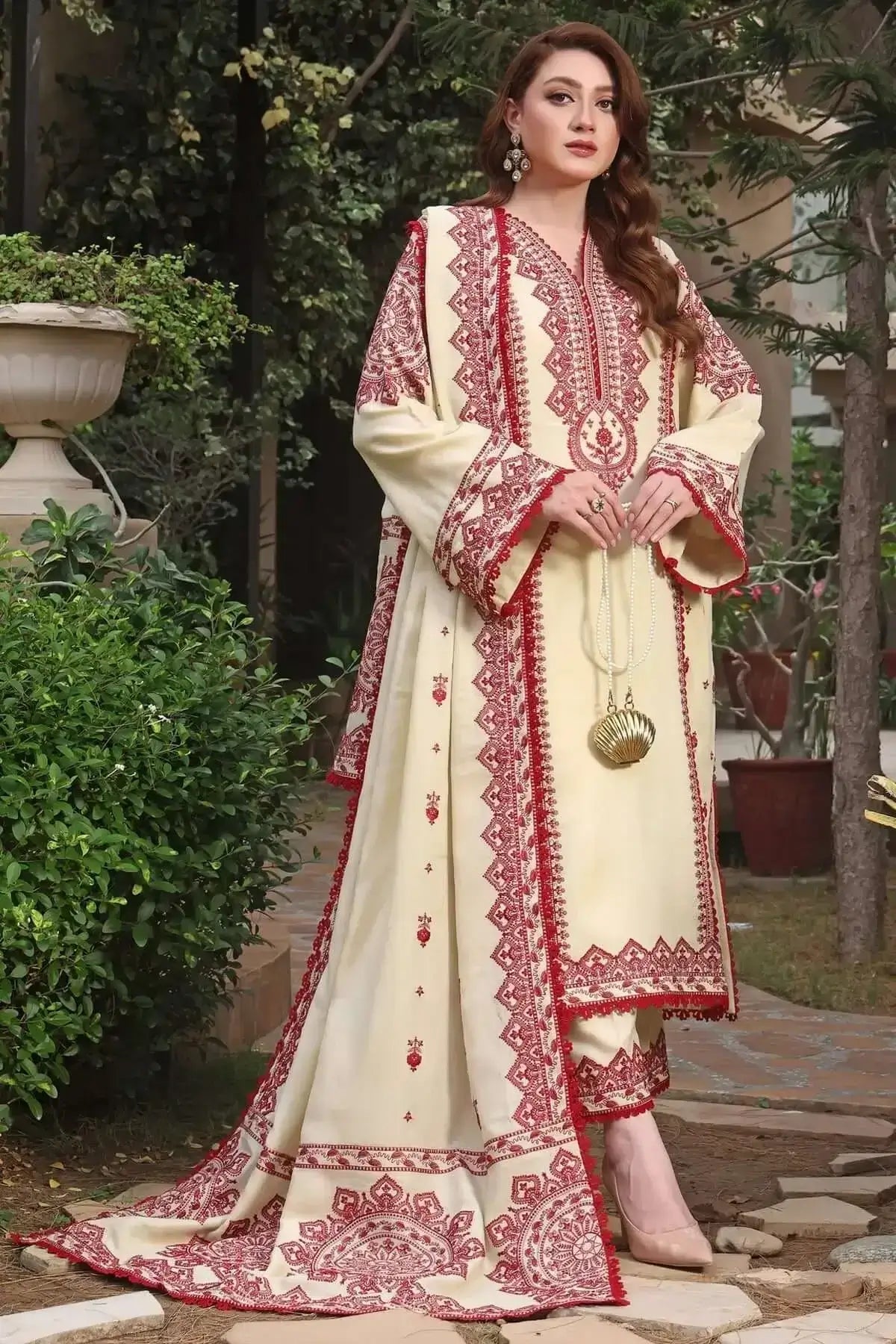 3 Piece Unstitched Heavy Embroidered Dhanak Suit with Embroidered Dhanak Wool Shawl