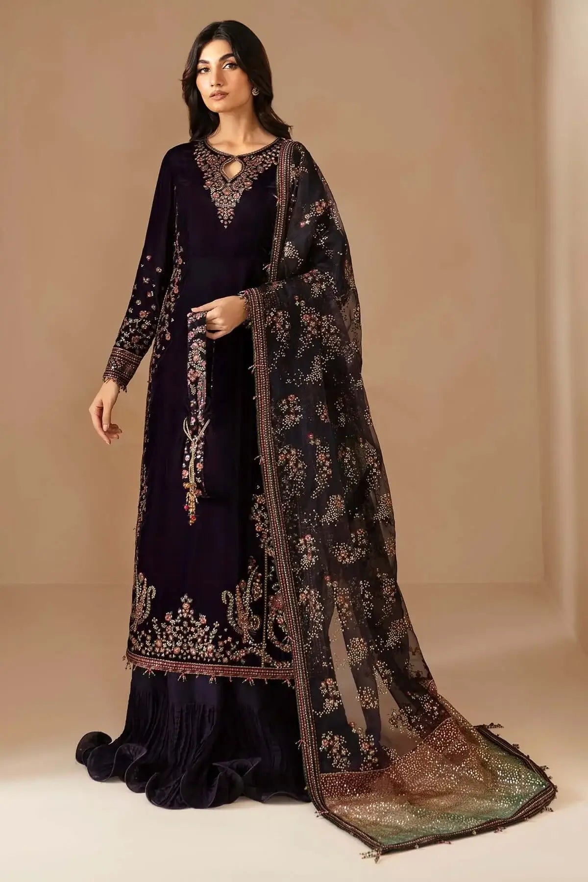 3 Piece Unstitched Heavy Embroidered Velvet Suit with Heavy Embroidered Organza Dupatta