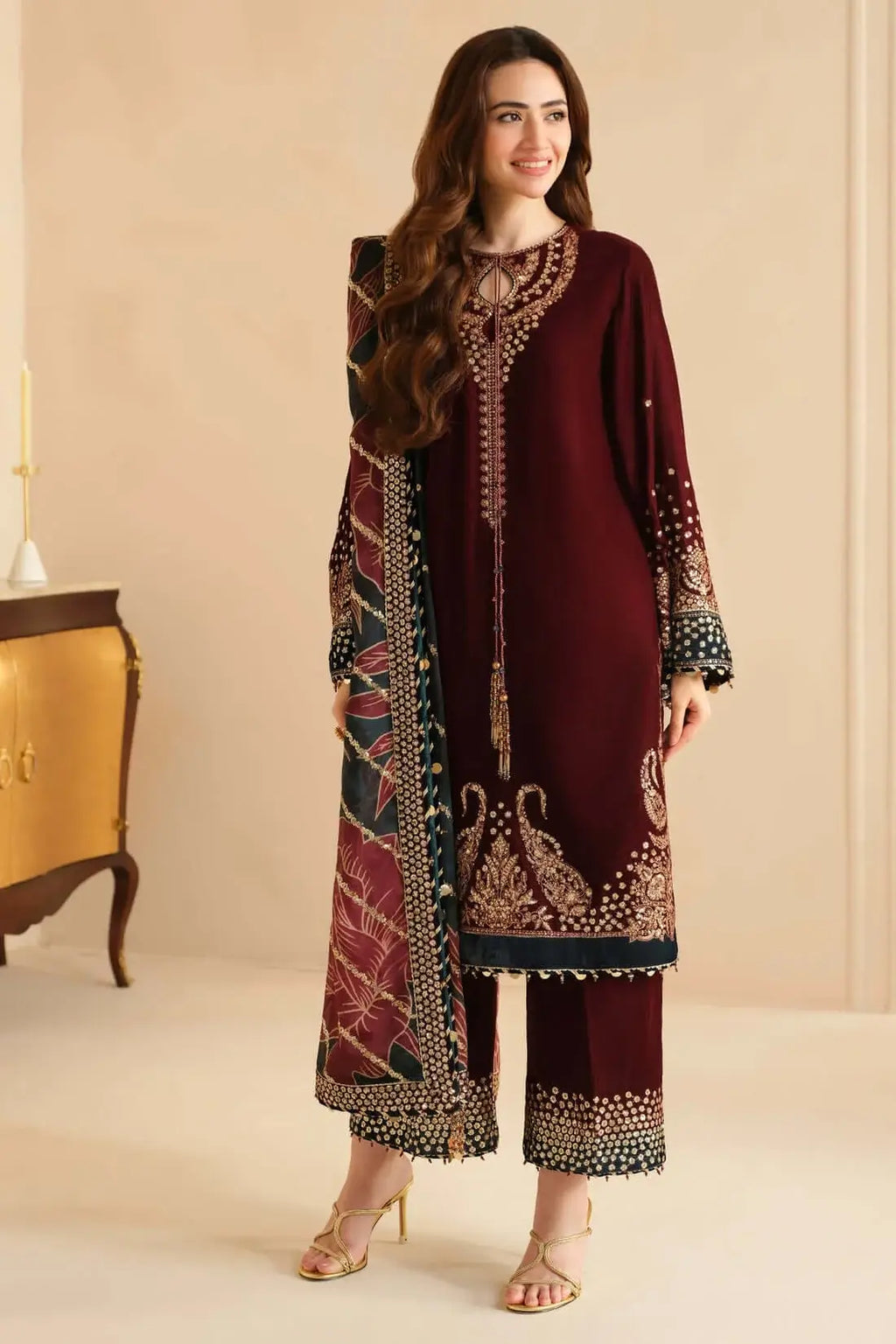3 Piece Unstitched Heavy Embroidered Velvet Suit with Heavy Embroidered Organza Dupatta