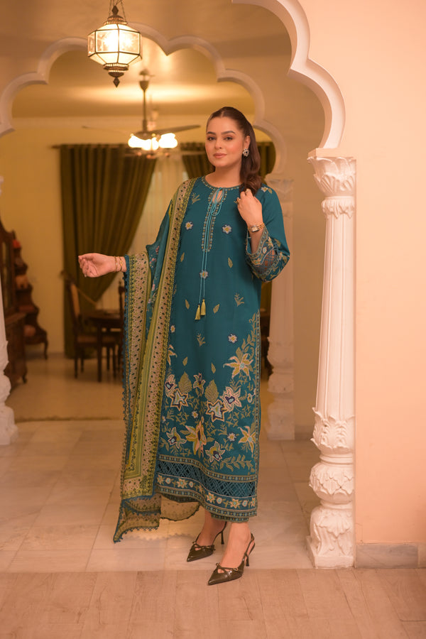3 Piece Unstitched Heavy Embroidered Dhanak Suit with Printed Woolen Shawl