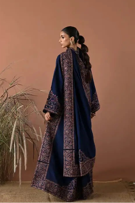 3 Piece Unstitched Heavy Embroidered Dhanak Suit with Four-sided Embroidered Dhanak Wool Shawl