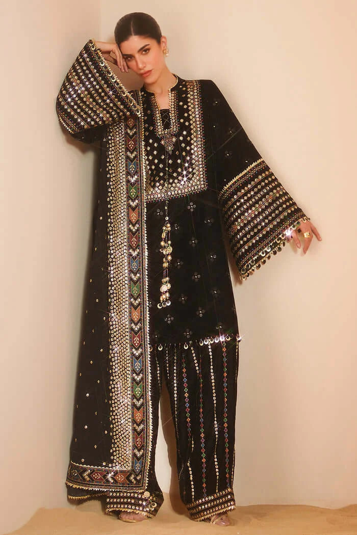 3 Piece Unstitched Heavy Embroidered Velvet Suit with Ready To Wear Four-sided Embroidered Chiffon Dupatta
