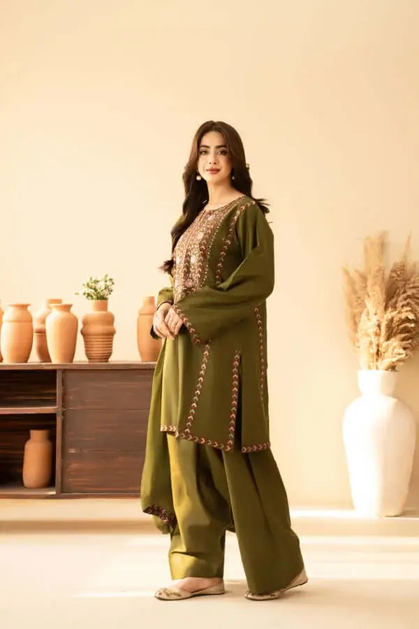 3 Piece Unstitched Heavy Embroidered Dhanak Suit with Heavy Embroidered Dhanak Wool Shawl