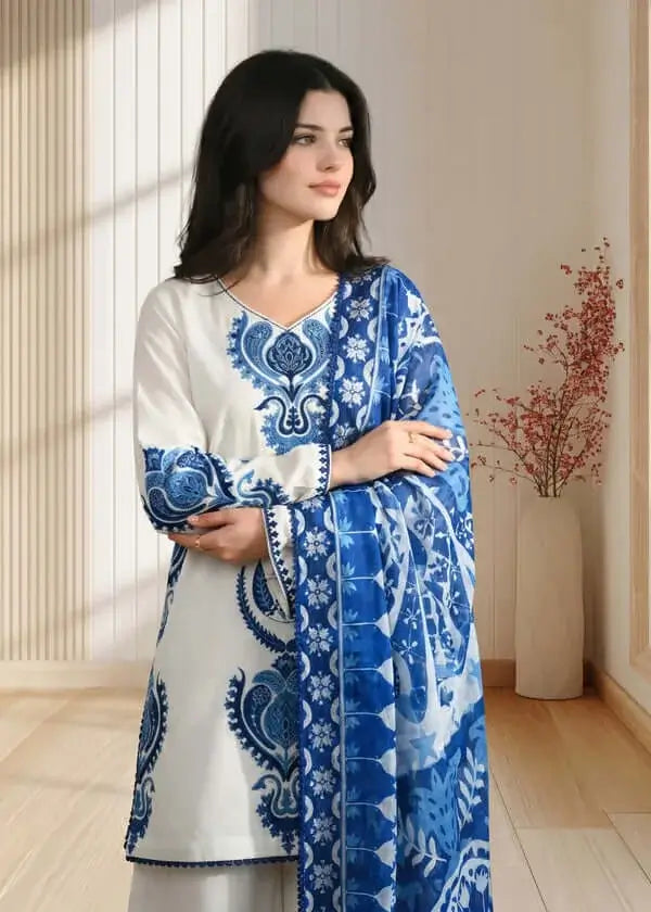 3 Piece Unstitched Heavy Embroidered Dhanak Suit with Printed Woolen Shawl