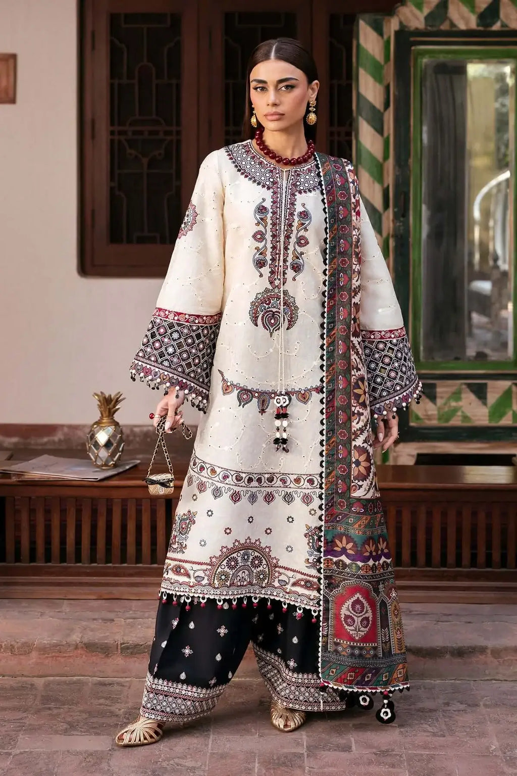 3 Piece Unstitched Heavy Embroidered Dhanak Suit with Printed Woolen Shawl