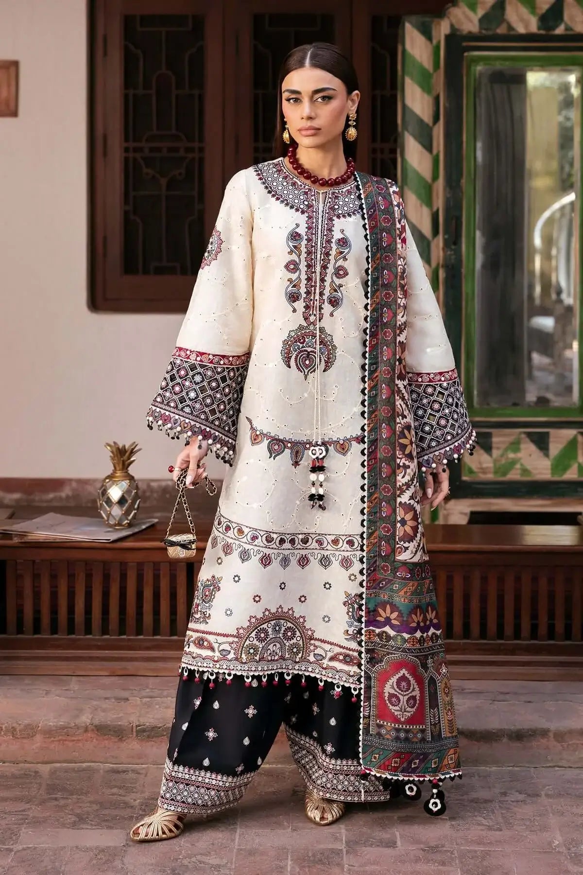 3 Piece Unstitched Heavy Embroidered Dhanak Suit with Printed Woolen Shawl