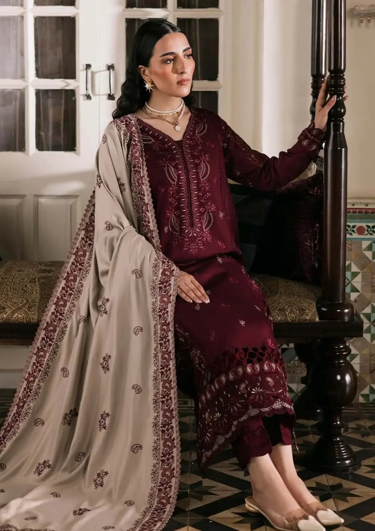 3 Piece Unstitched Heavy Embroidered Dhanak Suit with Four-sided Embroidered Dhanak Wool Shawl