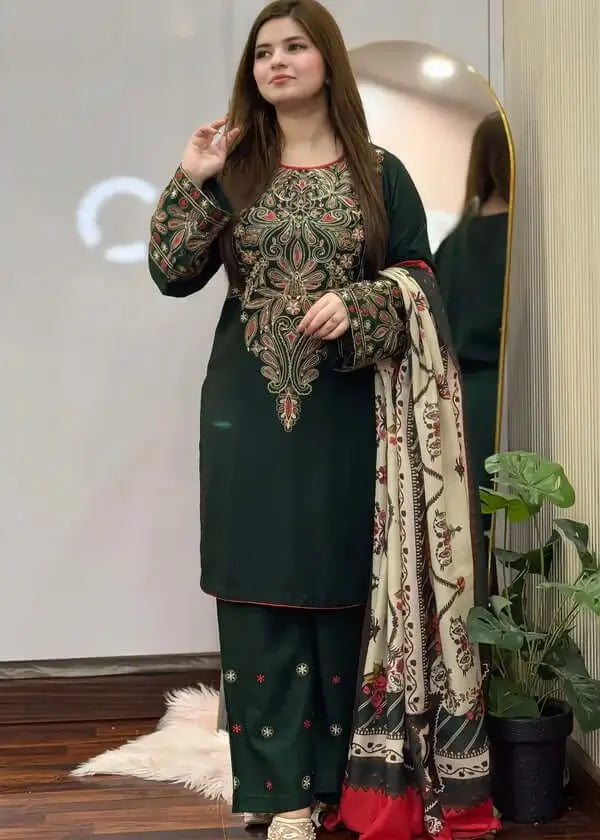 3 Piece Unstitched Heavy Embroidered Dhanak Suit with Printed Woolen Shawl