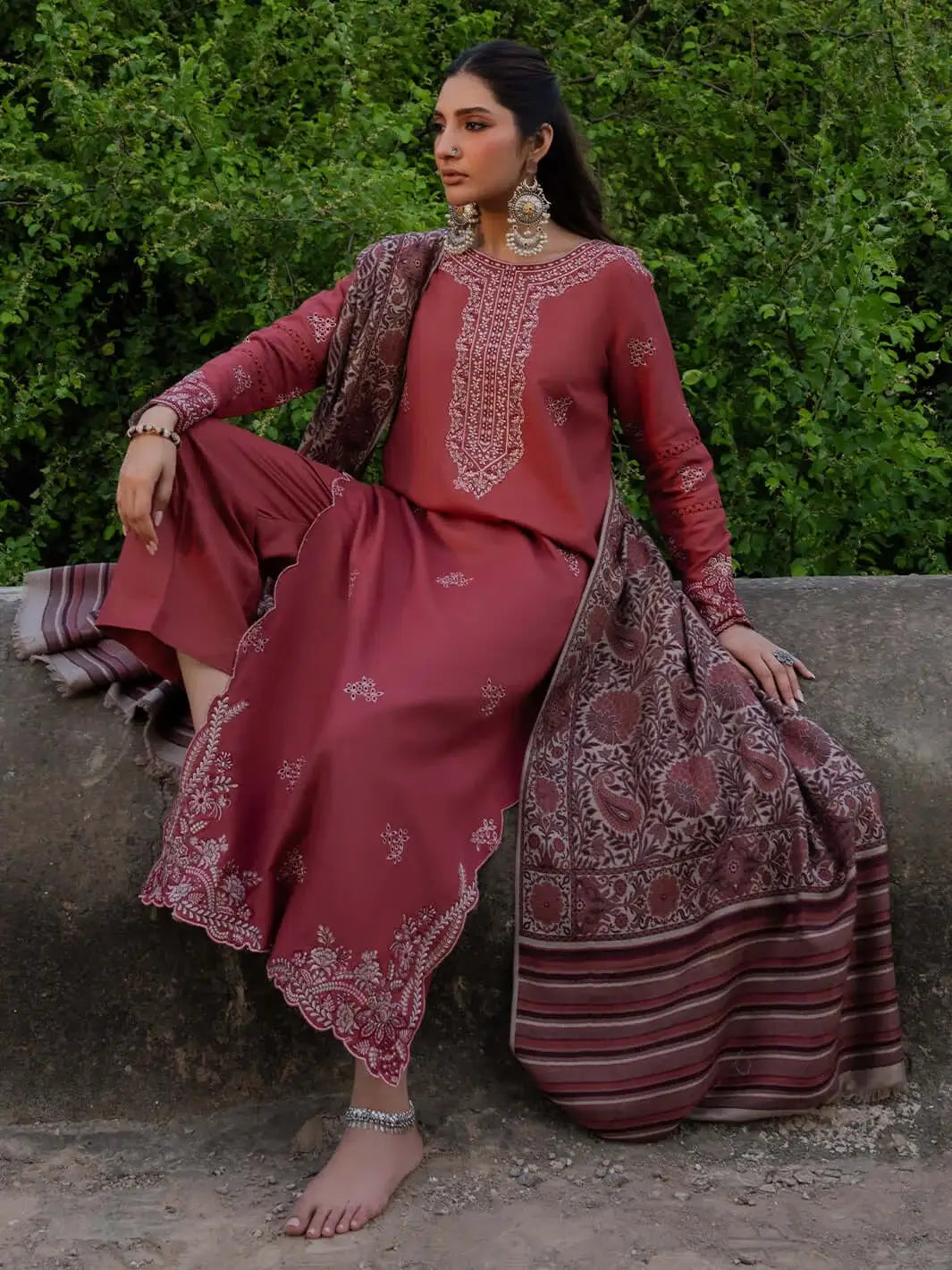 3 Piece Unstitched Heavy Embroidered Dhanak Suit with Printed Woolen Shawl