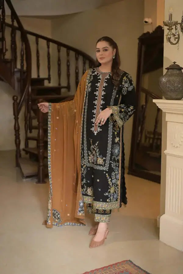 3 Piece Unstitched Heavy Embroidered Dhanak Suit with Four-sided Ready to Wear Embroidered Dhanak Shawl