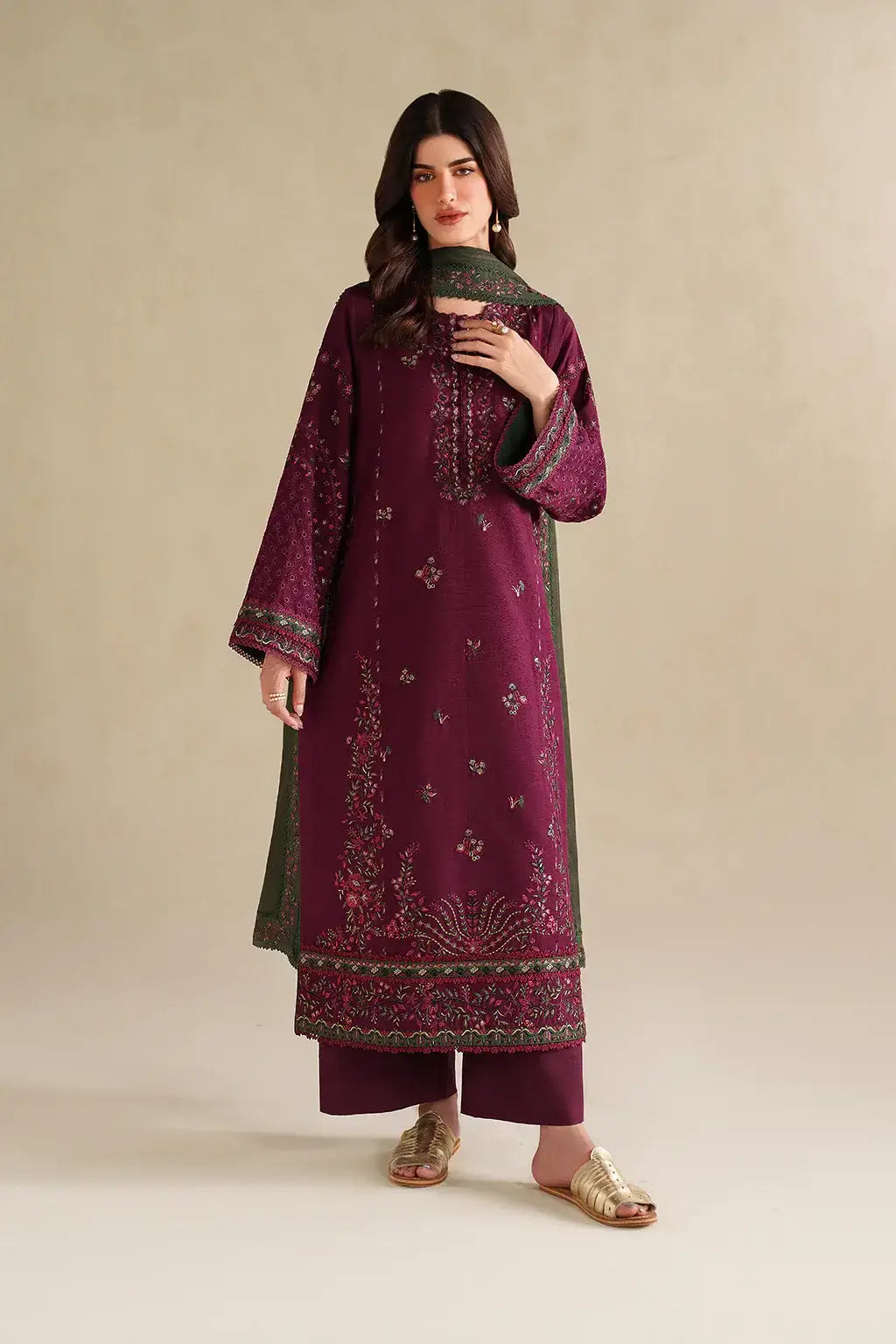 3 Piece Unstitched Heavy Embroidered Dhanak Suit with Four-sided Embroidered Dhanak Wool Shawl
