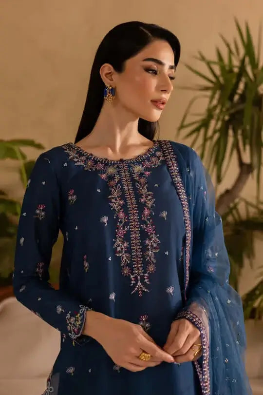 3 Piece Unstitched Heavy Embroidered Dhanak Suit with Four-sided Embroidered Chiffon Dupatta