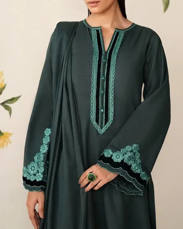 3 Piece Unstitched Heavy Embroidered Dhanak Suit with Heavy Embroidered Dhanak Shawl