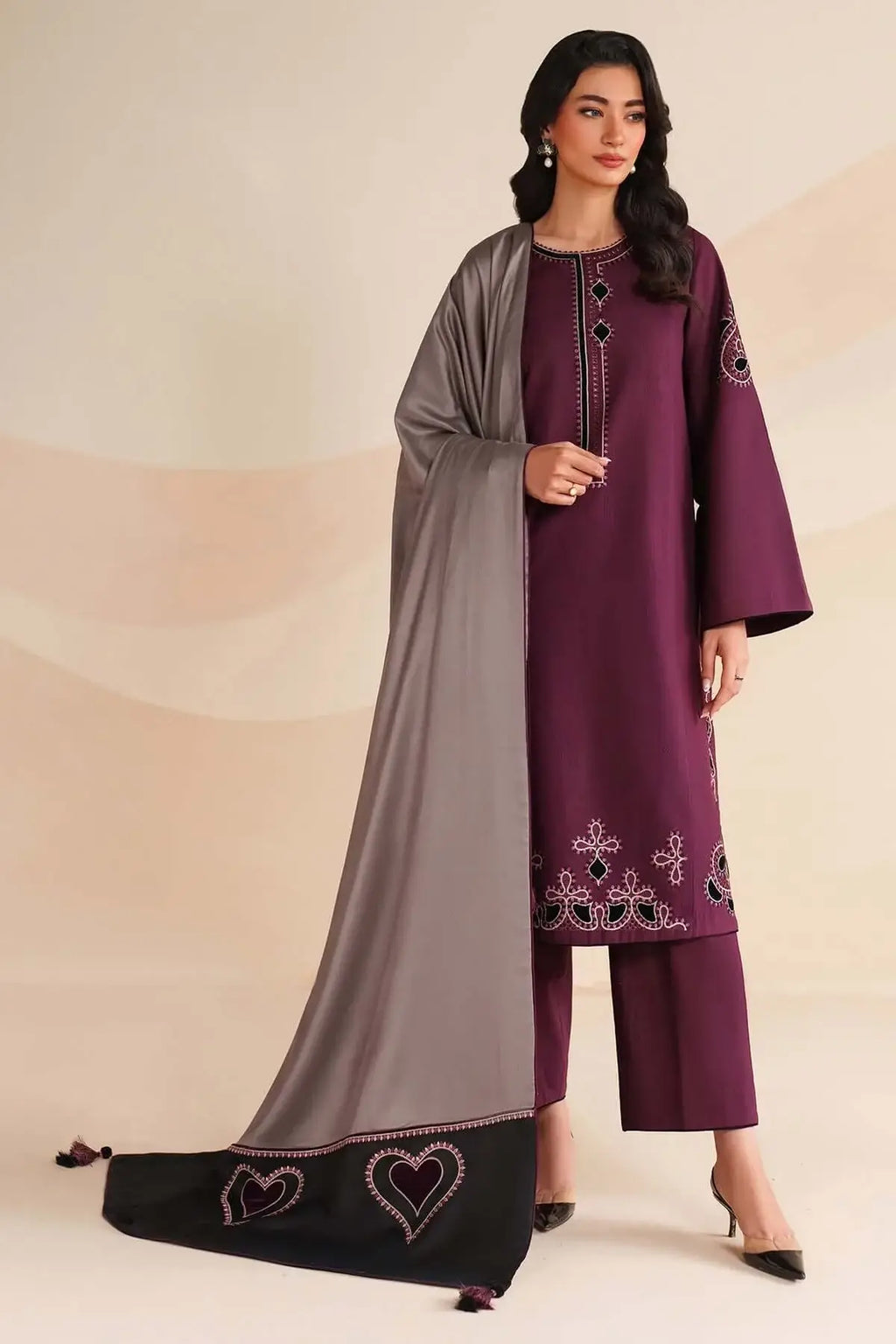 3 Piece Unstitched Heavy Embroidered Dhanak Suit with Heavy Embroidered Dhanak Wool Shawl