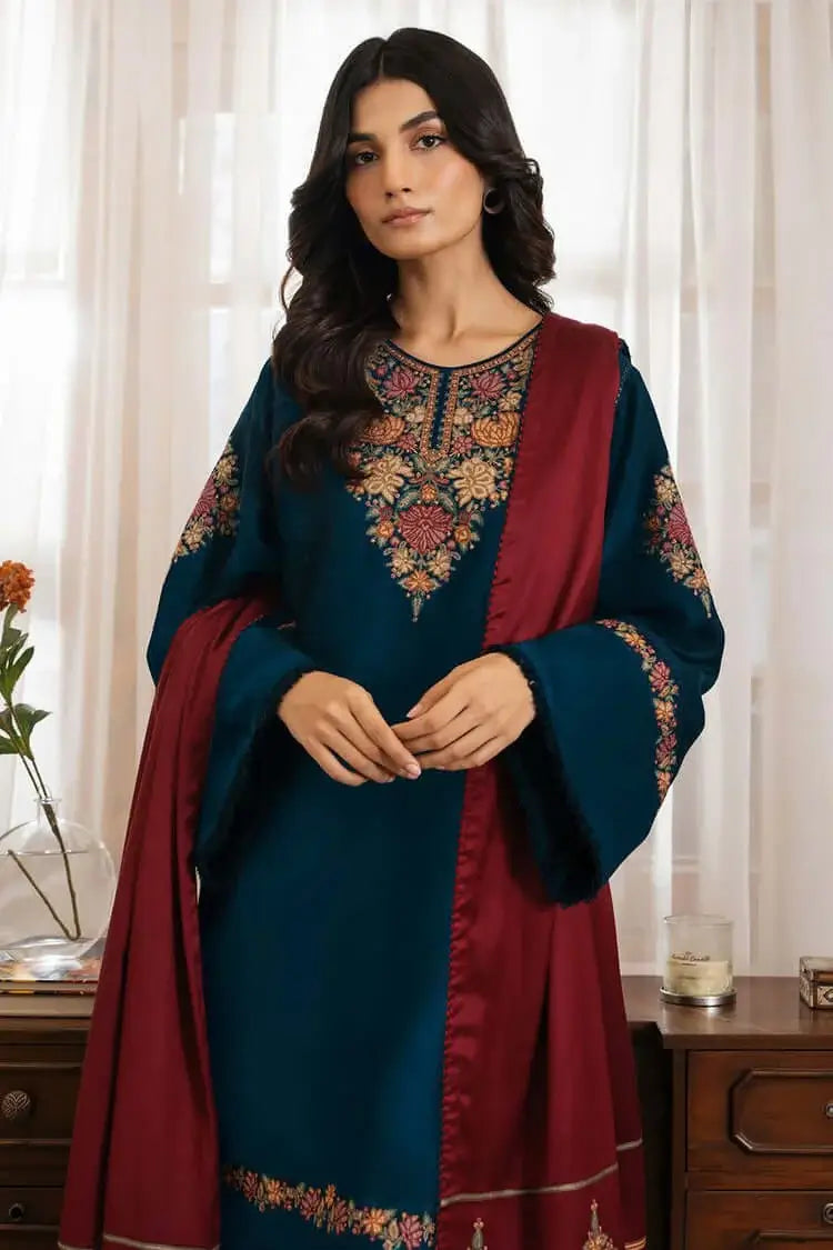 3 Piece Unstitched Heavy Embroidered Dhanak Suit with Heavy Embroidered Dhanak Wool Shawl