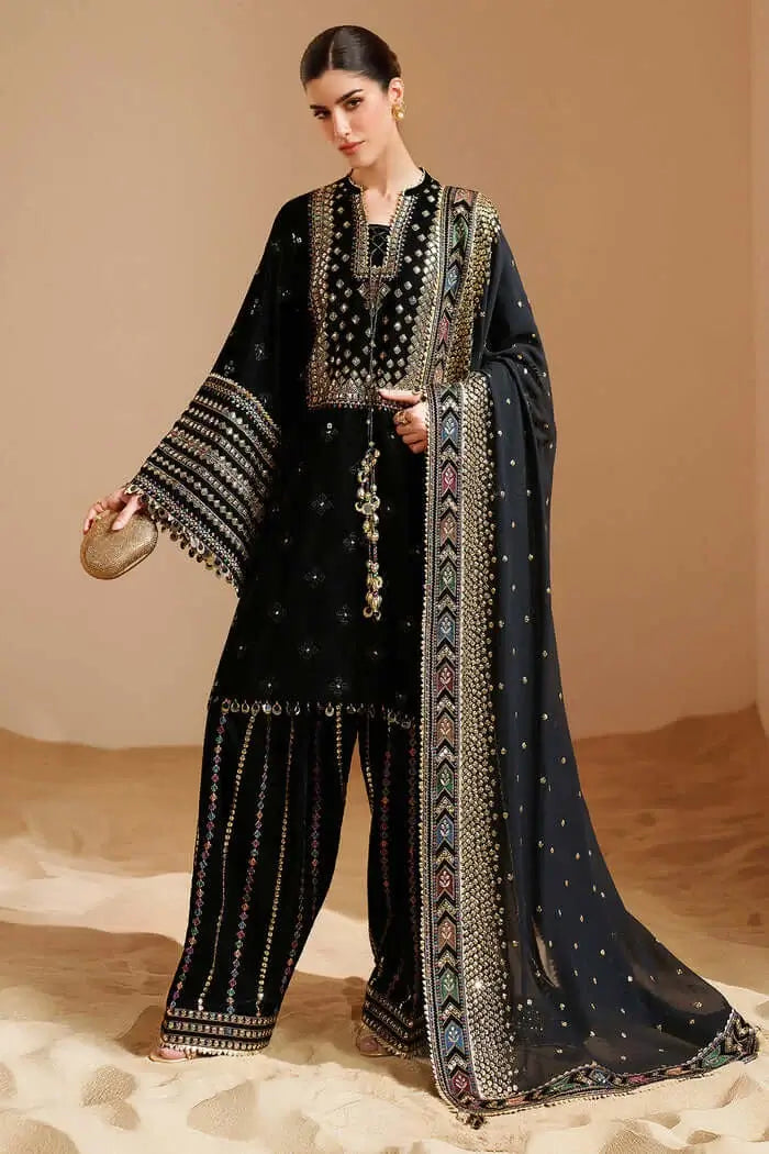 3 Piece Unstitched Heavy Embroidered Velvet Suit with Ready To Wear Four-sided Embroidered Chiffon Dupatta